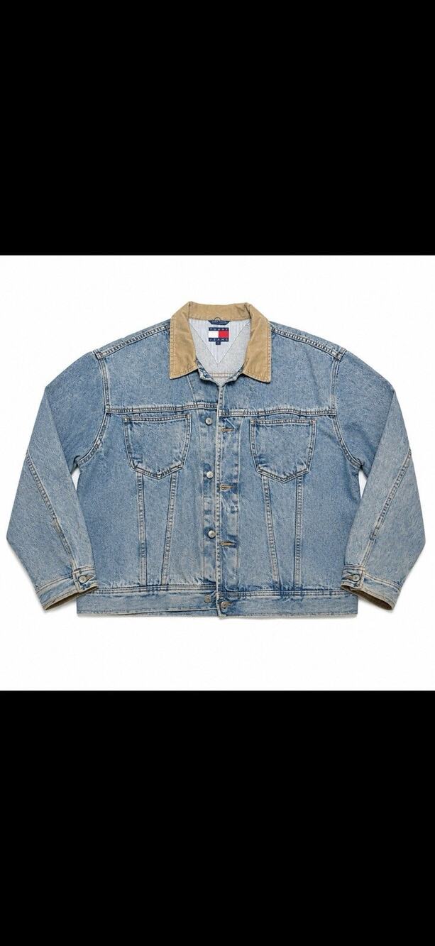 Tommy Jeans Men's Blue Denim Jean Jacket Beige Collar Button XL